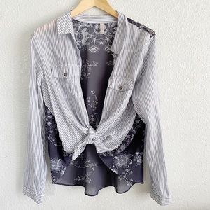 FREE PEOPLE || Sheer Striped Button Shirt Floral Print